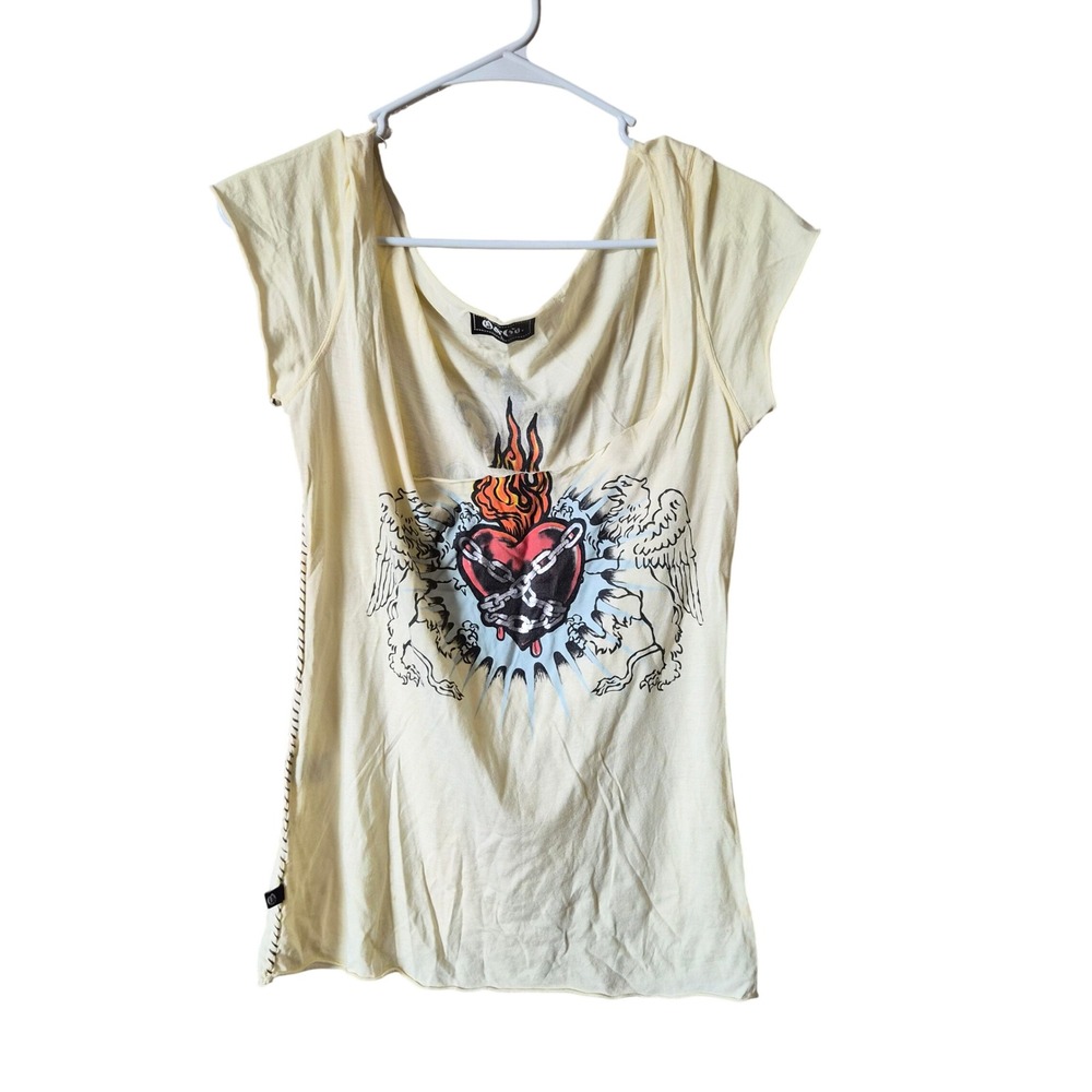 O&Co. Womens Tattoo Graphic Tee Flaming Heart Outlaw Cream Yellow Large R231115J